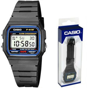 Model CASIO F-91W-1YER wraz z pudełkiem na prezent