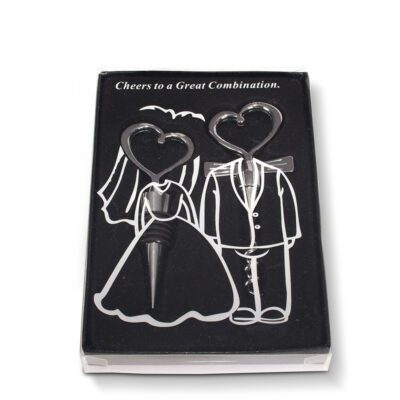 Zestaw do wina z parą młodą z metalu w czarnym pudełku, korkociąg i zatyczka