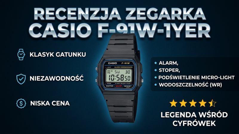 Zegarek CASIO F-91W, funkcjonalny i tani.