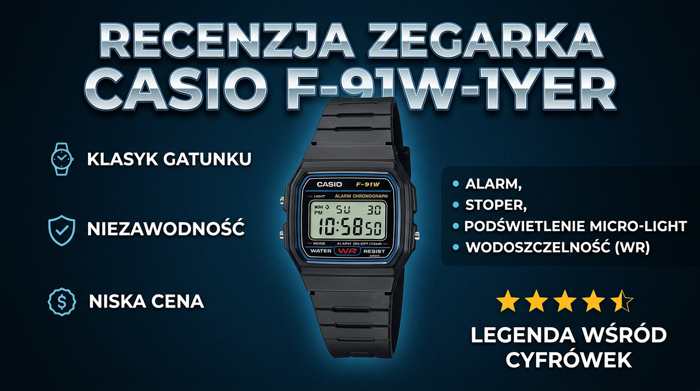 Zegarek CASIO F-91W, funkcjonalny i tani.