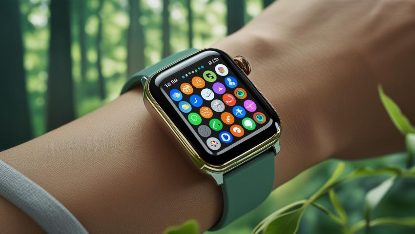 Nowoczesny smartwatch na nadgarstku użytkownika. Zegarek wyświetla kolorowy ekran z ikonami aplikacji, co symbolizuje jego wszechstronność i zaawansowane funkcje. W tle widać zielony las, co podkreśla ekologiczne podejście producentów do materiałów i procesów produkcji.