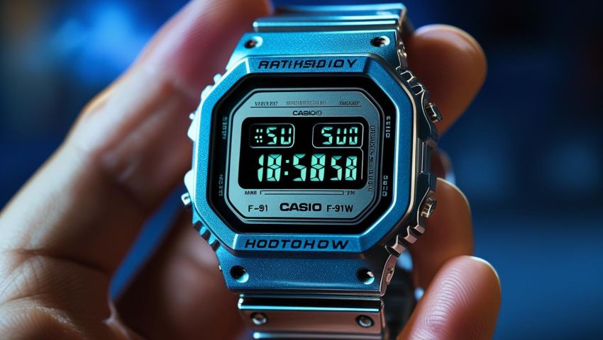 Zegarek Casio F-91W z działającym wyświetlaczem – symbol oszczędnej baterii