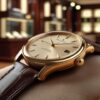 Elegancki zegarek na tle luksusowego salonu zegarmistrzowskiego. Zegarek wyróżnia się klasycznym designem i złotą kopertą, podkreślając prestiż i elegancję.
