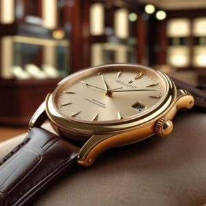 Elegancki zegarek na tle luksusowego salonu zegarmistrzowskiego. Zegarek wyrรณลผnia siฤ klasycznym designem i zลotฤ
kopertฤ
, podkreลlajฤ
c prestiลผ i elegancjฤ.