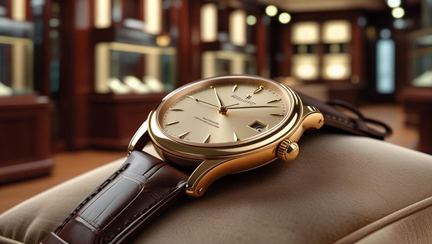 Elegancki zegarek na tle luksusowego salonu zegarmistrzowskiego. Zegarek wyróżnia się klasycznym designem i złotą kopertą, podkreślając prestiż i elegancję.