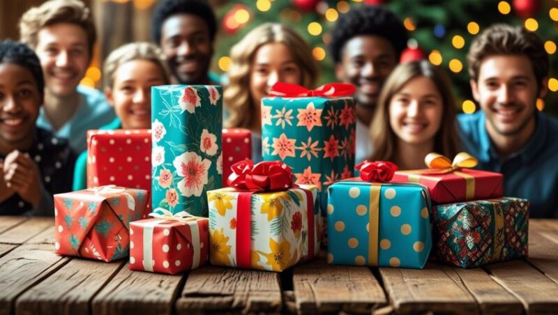Kolorowo zapakowane prezenty na stole, z których każdy ma inny kształt i wzór papieru. W tle widoczne uśmiechnięte twarze osób, które odbierają te prezenty.