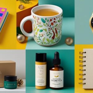 Kolaż z pięcioma niedrogimi prezentami do 50 zł: książka, kubek z nadrukiem, zegarek Casio, zestaw kosmetyków naturalnych oraz notes planer.