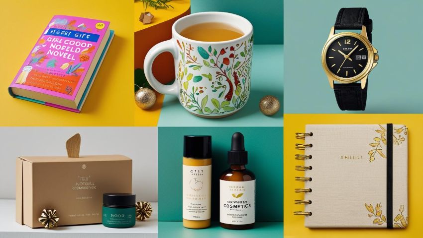 Kolaż z pięcioma niedrogimi prezentami do 50 zł: książka, kubek z nadrukiem, zegarek Casio, zestaw kosmetyków naturalnych oraz notes planer.