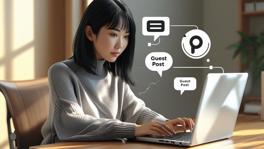 osoba pisząca na laptopie, wpis gościnny, chmurki z tekstem, "guest post" w tle