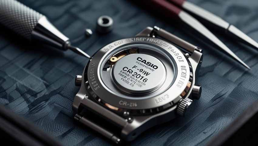 Zbliżenie na tył zegarka Casio F-91W z odkręconym deklem, widoczna bateria CR2016 i metalowy uchwyt mocujący. Obok zegarka śrubokręt precyzyjny i pęseta.