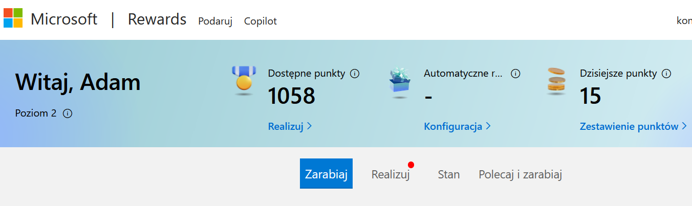 Panel Microsoft Rewards – przykład widoku z punktami