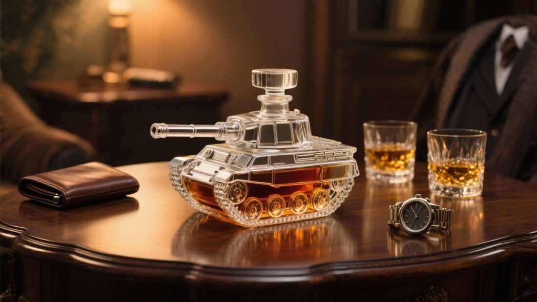 Szklana karafka w kształcie czołgu wojskowego z bursztynowym trunkiem, ustawiona na drewnianym stole, obok szklanki i męskie akcesoria – elegancki prezent dla faceta.