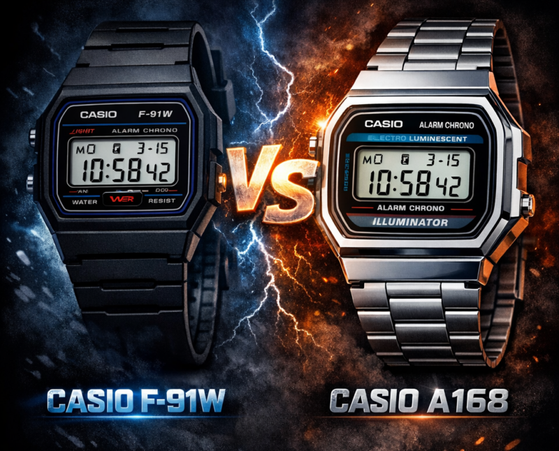 Casio F-91W vs A168WG, porównanie zegarków Casio, najlepszy cyfrowy zegarek Casio, różnice między F-91W a A168WG,