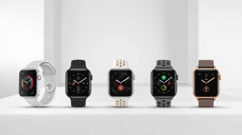 Pięć nowoczesnych smartwatchy na stole.