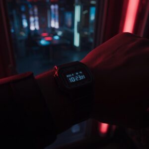 Cyfrowy zegarek Casio w stylu lat 80. inspirowany filmami retro Zegarek w neonowym otoczeniu.