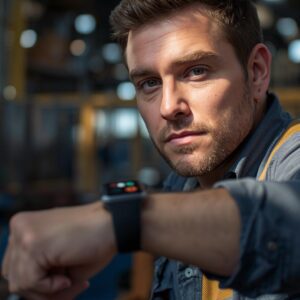 Pracujący mężczyzna ma na ręku włączony Smartwatch