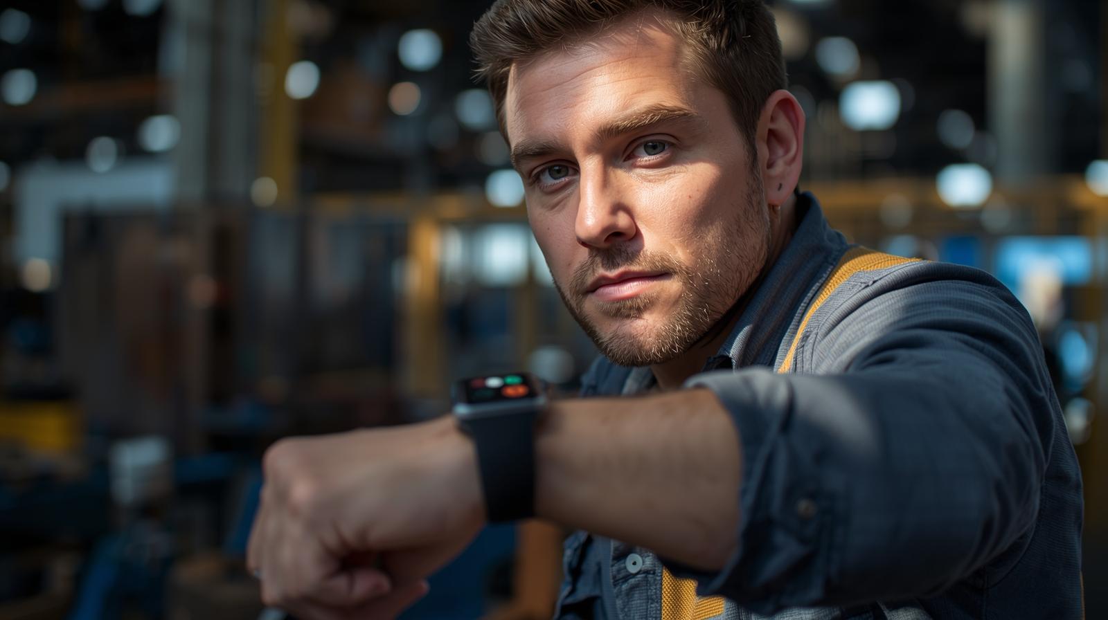 Pracujący mężczyzna ma na ręku włączony Smartwatch