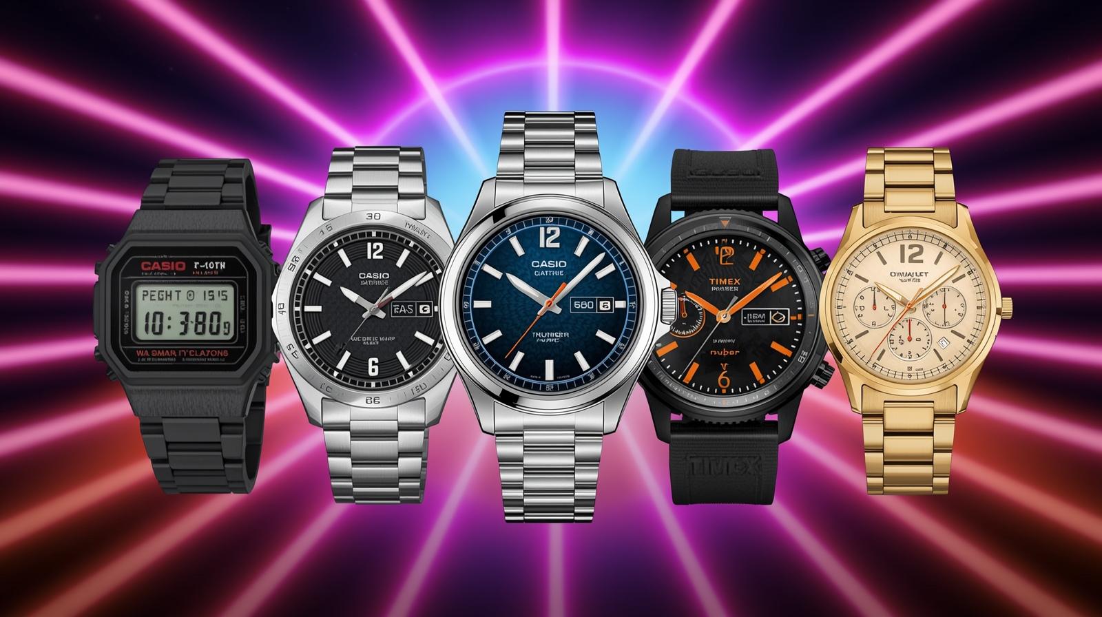 Kultowe zegarki z filmów-- Casio F-91W (czarny), Casio AE-1200 (ze srebrną bransoletą), zegarek Giewont w stylu analogowym, smartwatch Haylou lub Amazfit, Timex T80 (w kolorze gold).