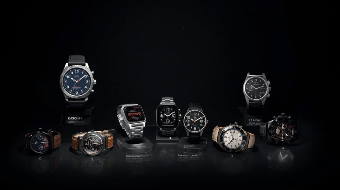 Zegarki na ciemnym tle, różne style.