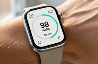 Smartwatch z pomiarem glukozy na nadgarstku – widok ekranu z poziomem cukru