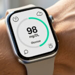 Smartwatch z pomiarem glukozy na nadgarstku – widok ekranu z poziomem cukru