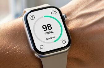 Smartwatch z pomiarem glukozy na nadgarstku – widok ekranu z poziomem cukru