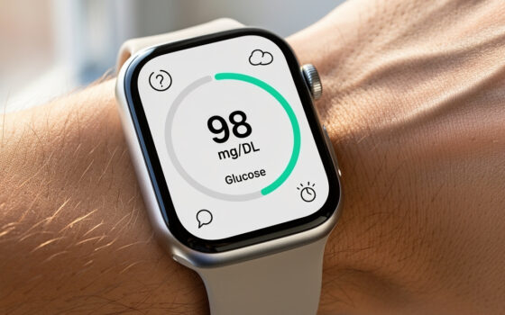 Smartwatch z pomiarem glukozy na nadgarstku – widok ekranu z poziomem cukru