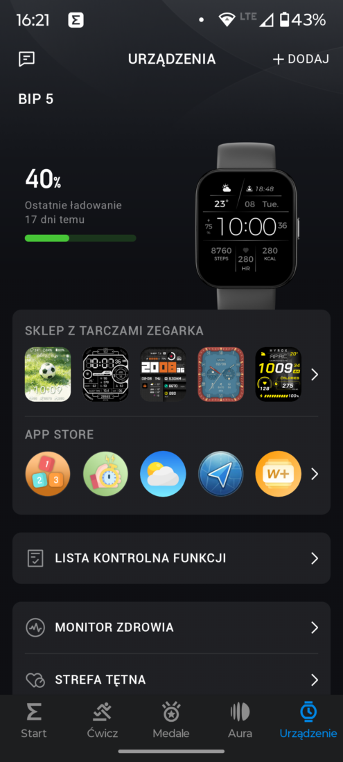 Bateria Amazfit Bip 5 po 17 dniach bez ładowania — 40%