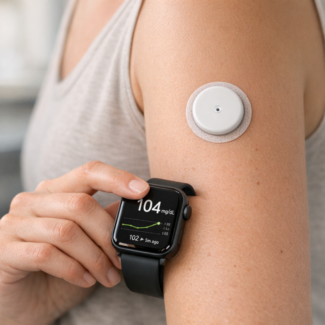 Sensor CGM przyklejony do ramienia połączony ze smartwatchem – monitorowanie glukozy