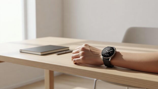 Smartwatch Huawei na nadgarstku, przedstawiony w nowoczesnym i minimalistycznym ujęciu do artykułu o tym, czy warto go kupić.