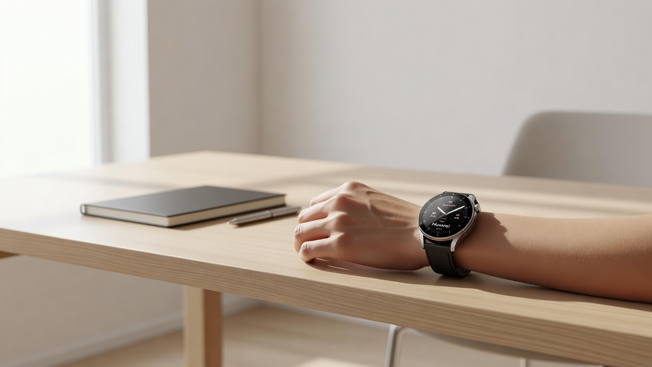 Smartwatch Huawei na nadgarstku, przedstawiony w nowoczesnym i minimalistycznym ujęciu do artykułu o tym, czy warto go kupić.