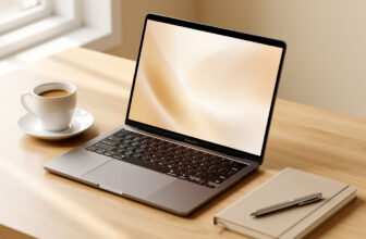 Otwarty laptop na biurku obok notatnika i filiżanki kawy, symbolizujący pracę i naukę