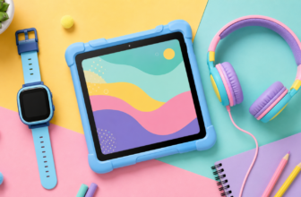 smartwatch obok słuchawki i tablet na jasnym, kolorowym tle.