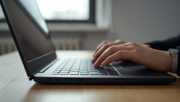 Osoba sprawdzająca stan techniczny laptopa poleasingowego przed zakupem – test klawiatury i ekranu
