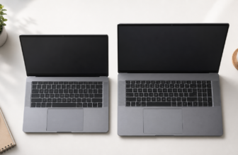 Dwa laptopy ustawione obok siebie na biurku – mniejszy 14-calowy i większy 15,6-calowy, widoczna różnica w rozmiarze obudowy.