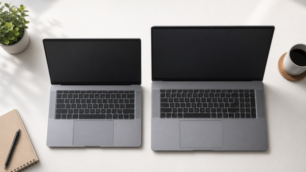 Dwa laptopy ustawione obok siebie na biurku – mniejszy 14-calowy i większy 15,6-calowy, widoczna różnica w rozmiarze obudowy.