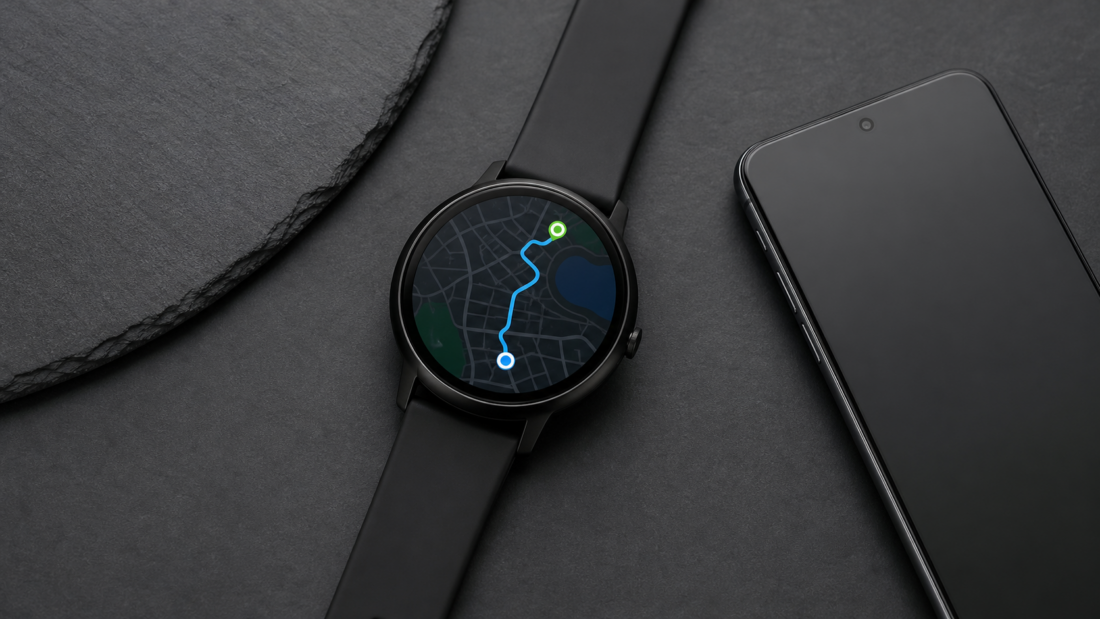 Czarny smartwatch z okrągłym ekranem AMOLED pokazującym trasę – ilustracja do artykułu o smartwatchach Lazird
