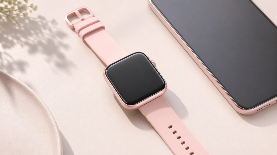 Różowy smartwatch z dużym ekranem obok smartfona – ilustracja do artykułu o smartwatchu Sweet Access