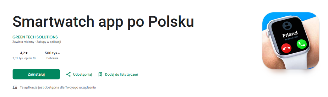 Aplikacja do smartwatcha w Google Play – ocena i liczba pobrań