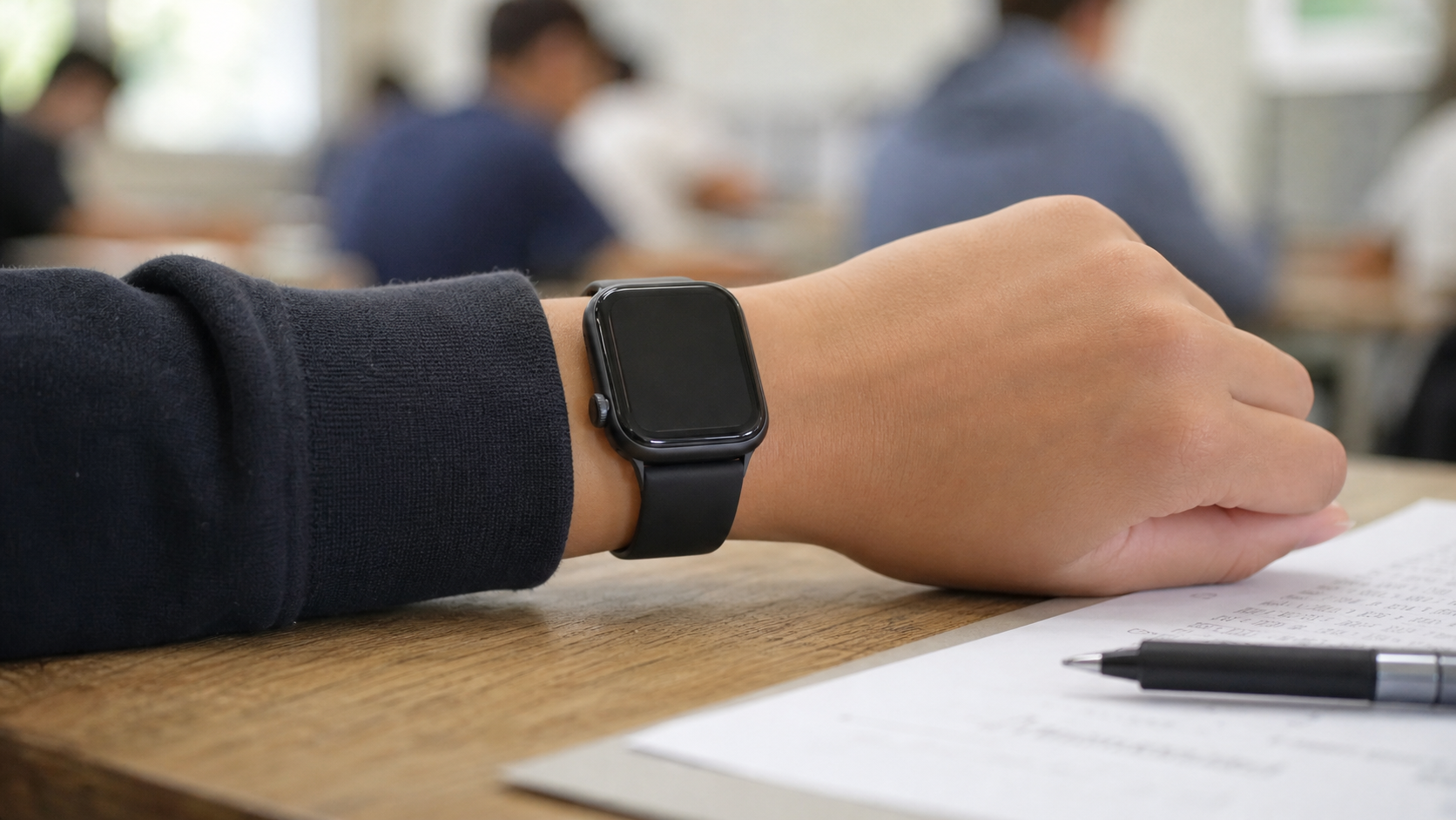 Smartwatch na nadgarstku ucznia przy arkuszu egzaminacyjnym na szkolnej ławce