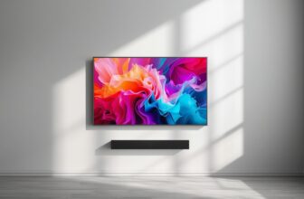 Nowoczesny telewizor 55 cali zawieszony na ścianie w jasnym salonie, wyświetlający żywe kolory.