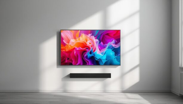 Nowoczesny telewizor 55 cali zawieszony na ścianie w jasnym salonie, wyświetlający żywe kolory.