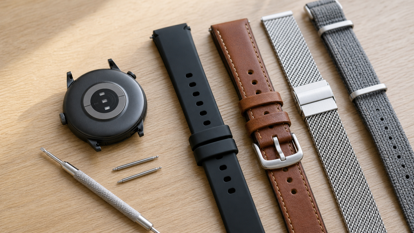 Smartwatch ze zdjętym paskiem i zamienne paski z silikonu, skóry, stali i nylonu obok narzędzia do teleskopów